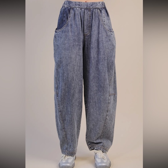 INDIGO Washed Woven Casual Barrel Pants - Picture 2 of 4